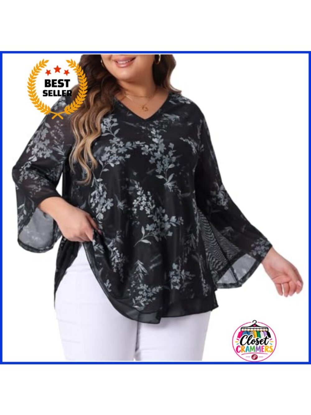 Women Plus Size Mesh Flowy Tunic Blouse 3/4 Sleeve Dressy Summer Top